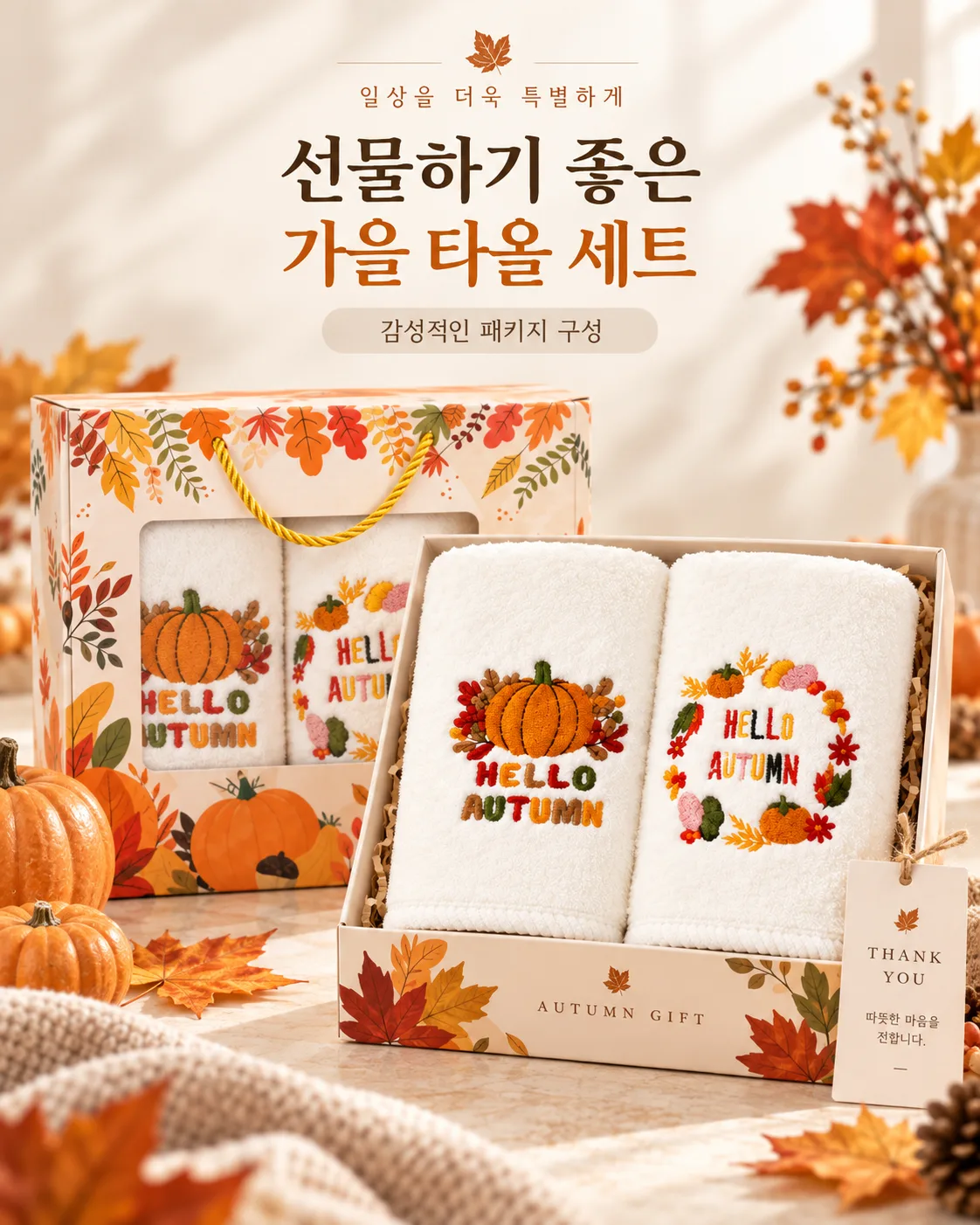 상품코드: HAS086 가을 자수 극세사 타올 2P 선물세트