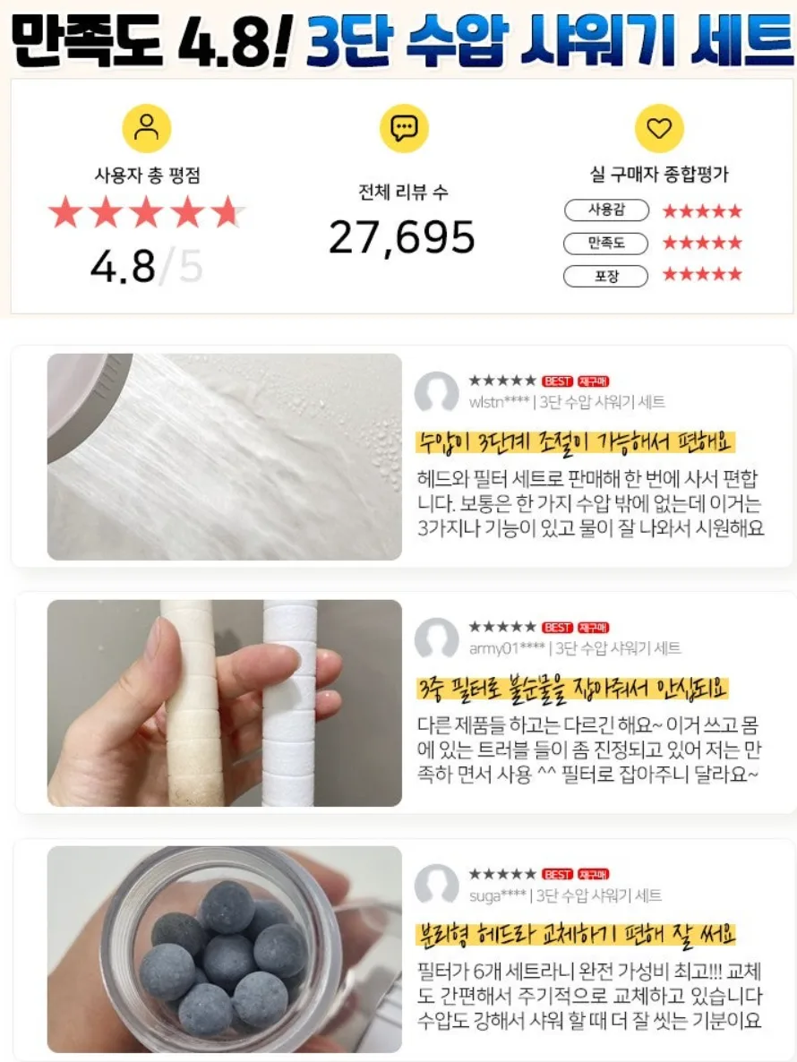 클린데일리 3단수압조절 샤워기세트(필터7개)