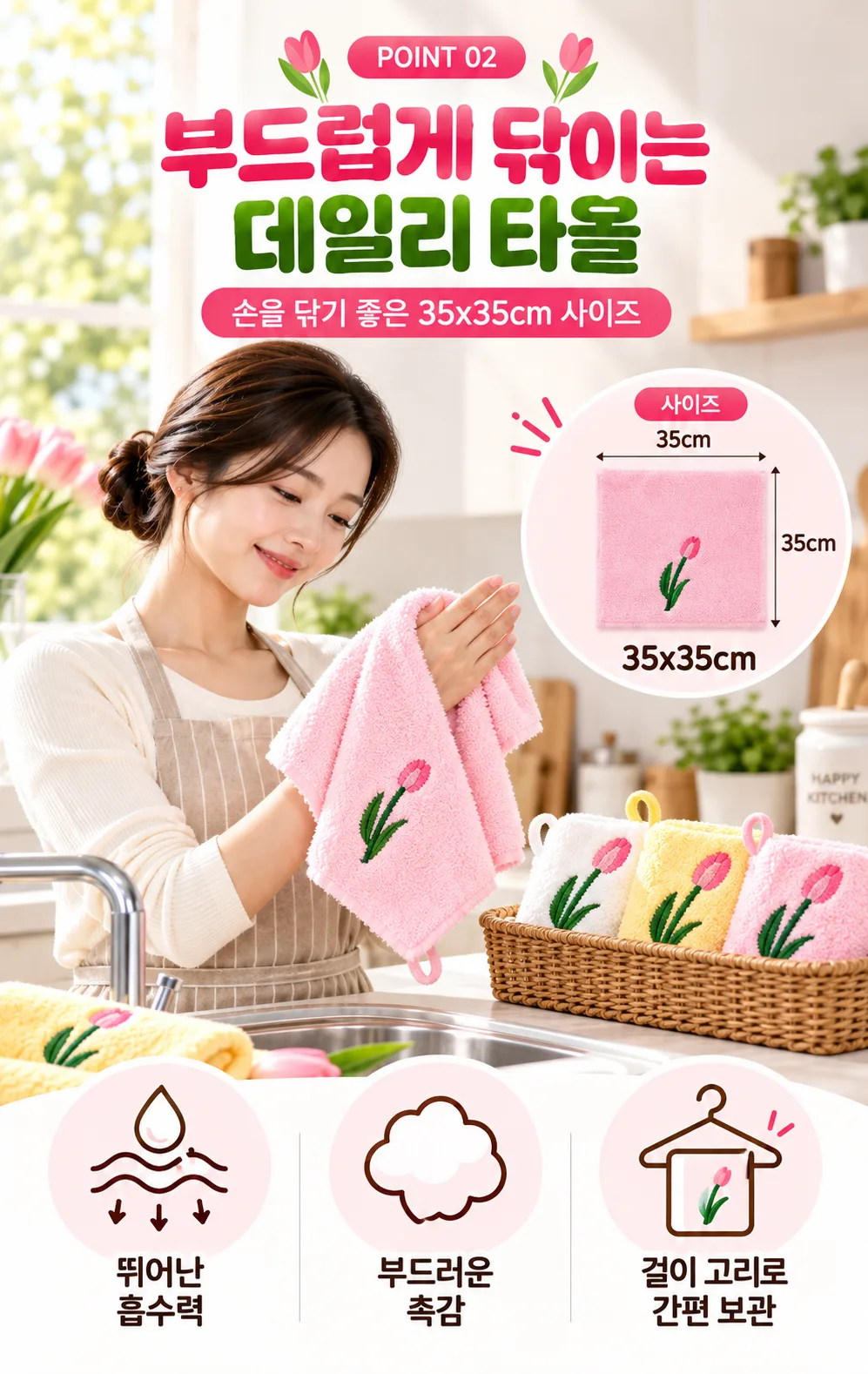 상품코드 : S322 플라워 극세사 자수 주방 타올 1p