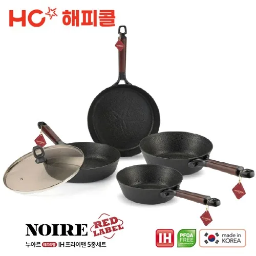 [해피콜 누아르] 레드라벨 IH 프라이팬 디럭스 5종세트(고무나무 통우드핸들)