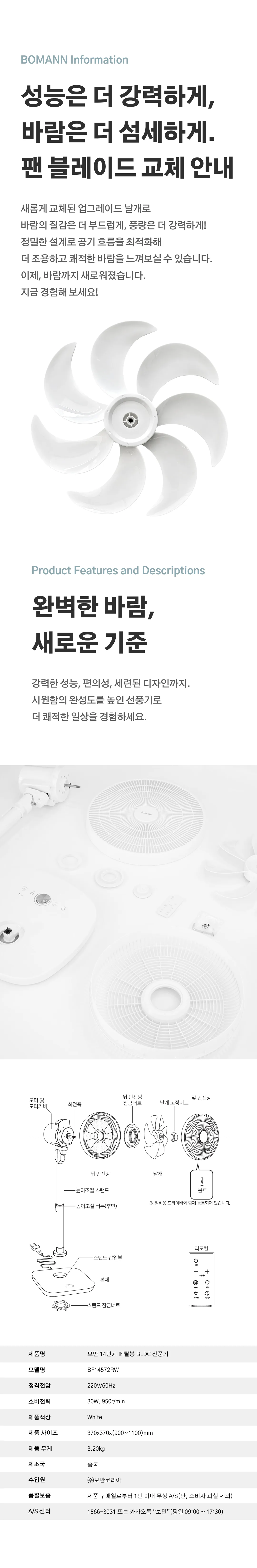 상품코드 : H3891 [보만] BLDC 24단 저소음 초미풍 리모컨 자석식 무소음 선풍기 (BF14572RW)