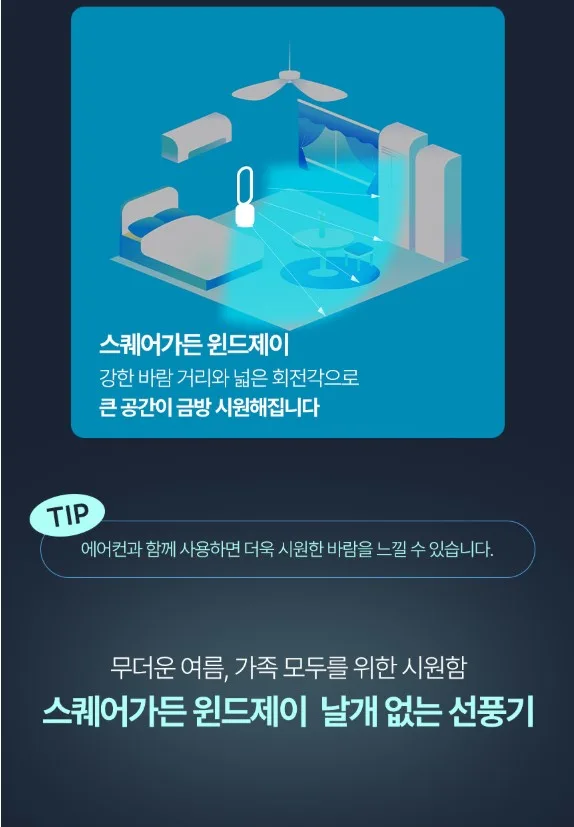 상품코드 : J626 [스퀘어가든] 에어큐 날개 없는 선풍기 (SQ-T5002)