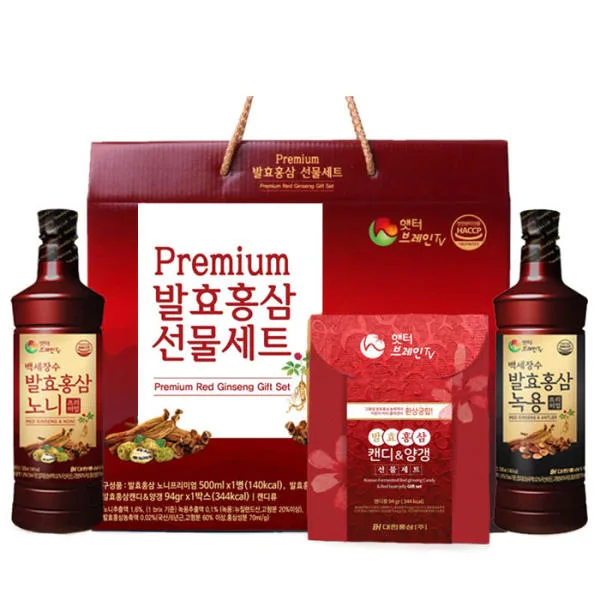 [대한홍삼] 발효홍삼 선물세트3 (노니500ml*1병/녹용500ml*1병/발효홍삼캔디4g*10개/발효홍삼양갱13.5g*4개)