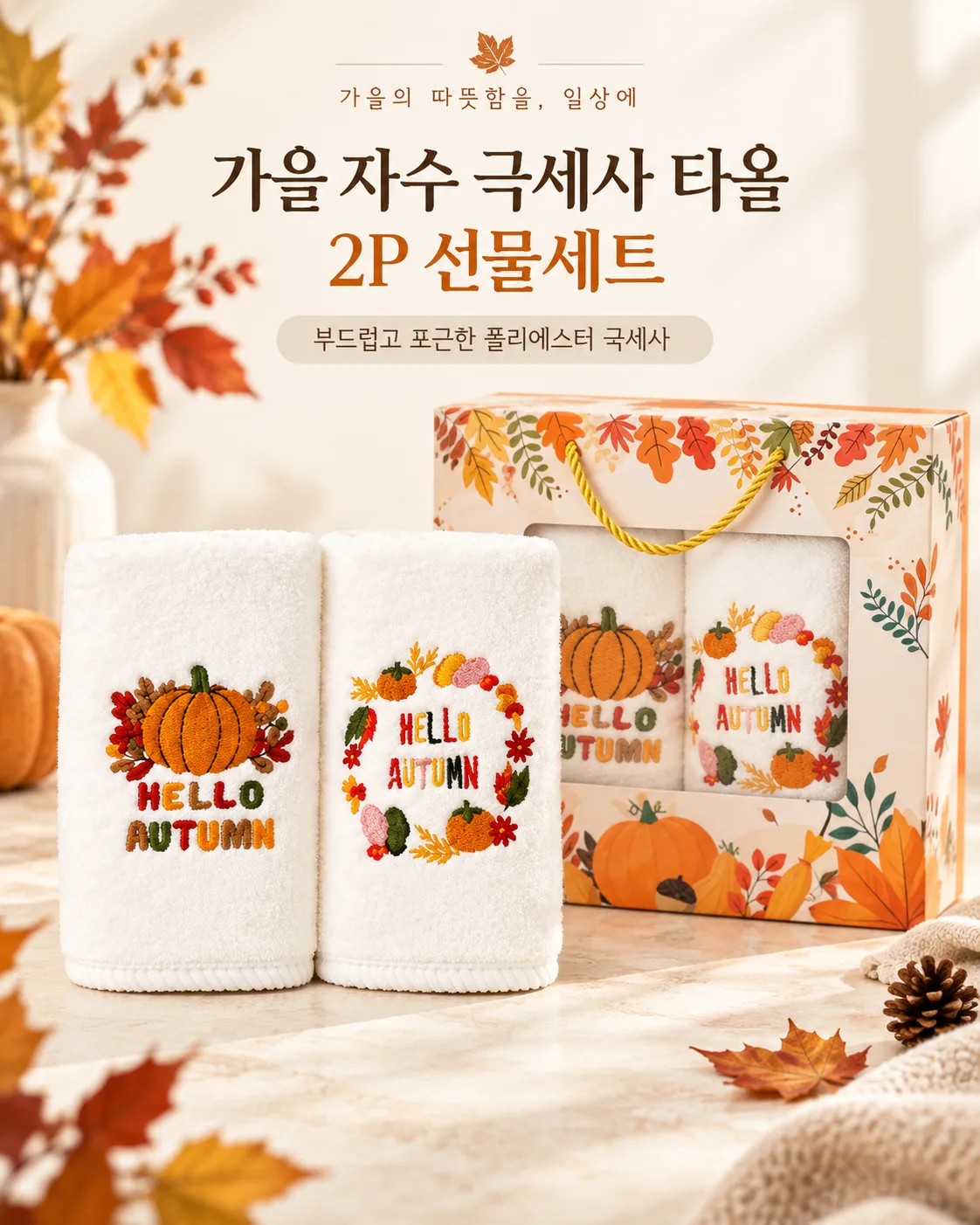가을 자수 극세사 타올 2P 선물세트