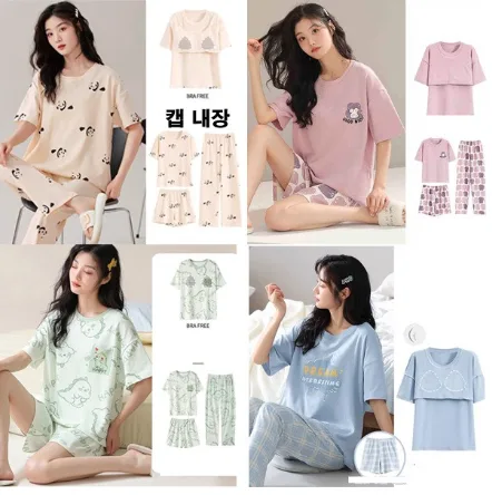 여성 잠옷 3종 세트구성 캐릭터 캡 장착 빅사이즈 파자마 홈웨어 캐릭터 봄 가을