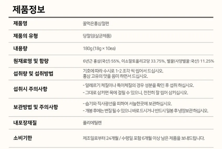 상품코드 : KJH009 김정환홍삼 꿀먹은 홍삼 절편 180g (쇼핑백)