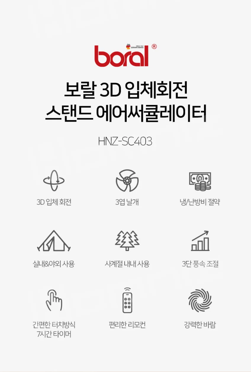 상품코드 : H3873 [보랄] 3D 입체회전 스탠드 에어 서큘레이터 선풍기 (HNZ-SC403)