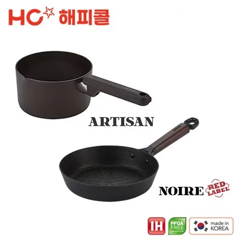 [해피콜] 누아르 레드라벨 IH 프라이팬 22cm (통우드핸들) + 아티젠 IH 밀크팟 16cm 2종세트 (HCNAR-003)